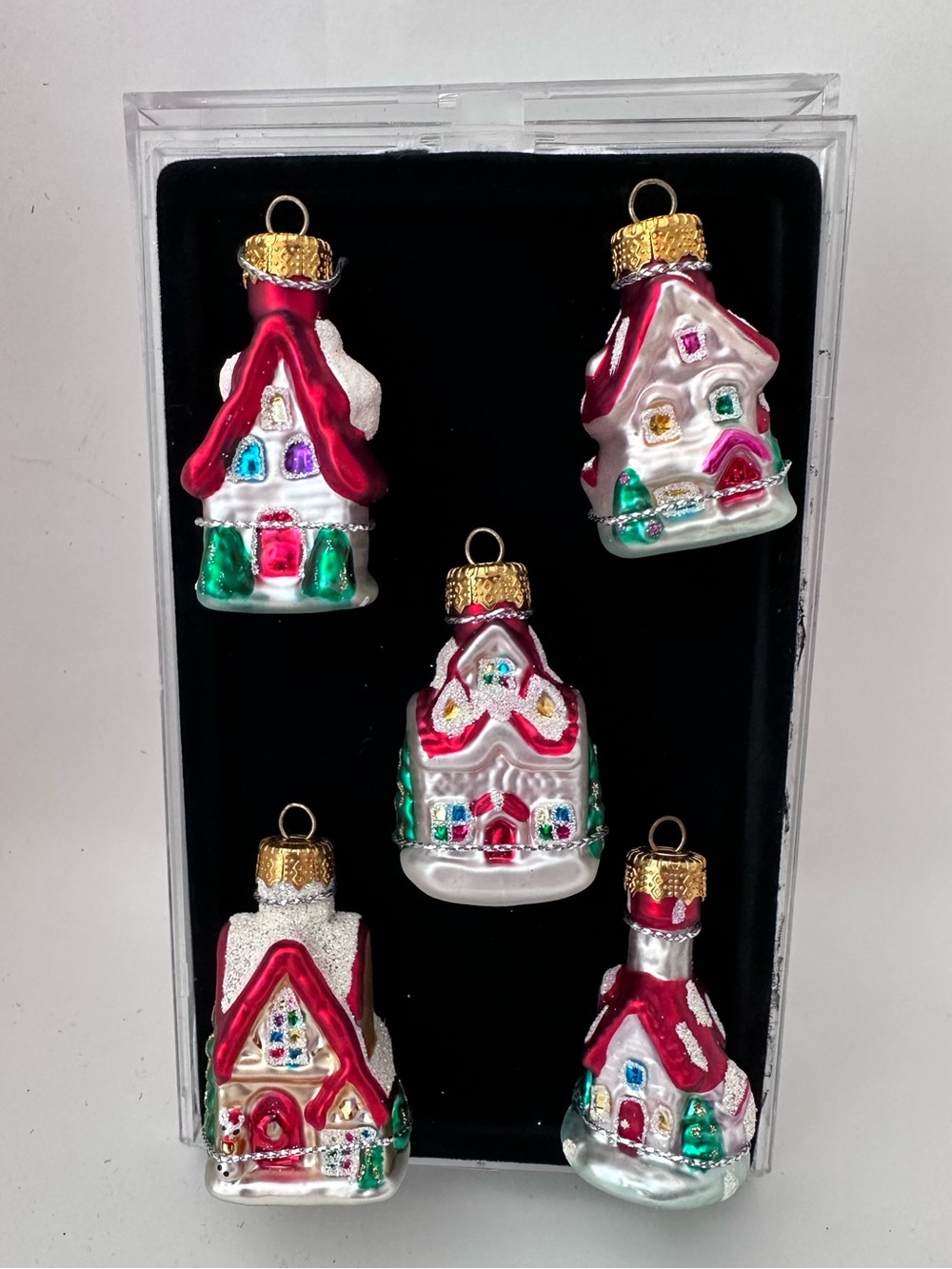 NOS HAND CRAFTED Unique Treasures Glas Christmas Ornaments Miniature 5 HOUSES
